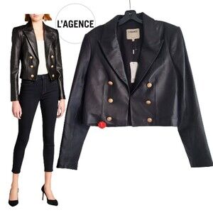 L'AGENCE INEZ Black Lamb Leather Crop Gold Button Jacket NWT 12 MSRP $1700